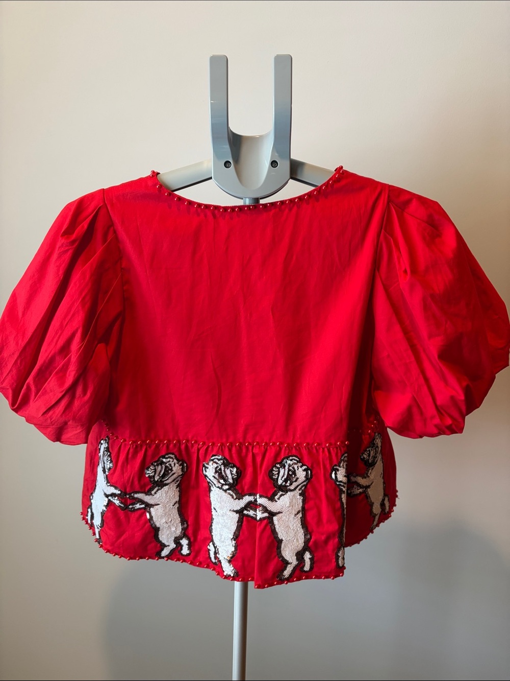 Queen of Sparkles Red Sequin Embroidered Bulldog Peplum Top - Women's - Picture 2 of 4